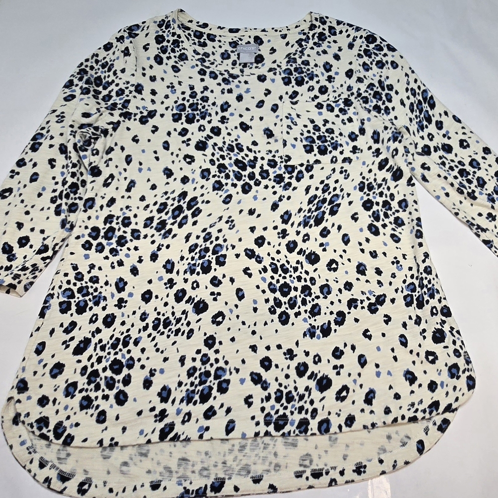 Chico's Cream and Blue Leopard Print Long Sleeve Top